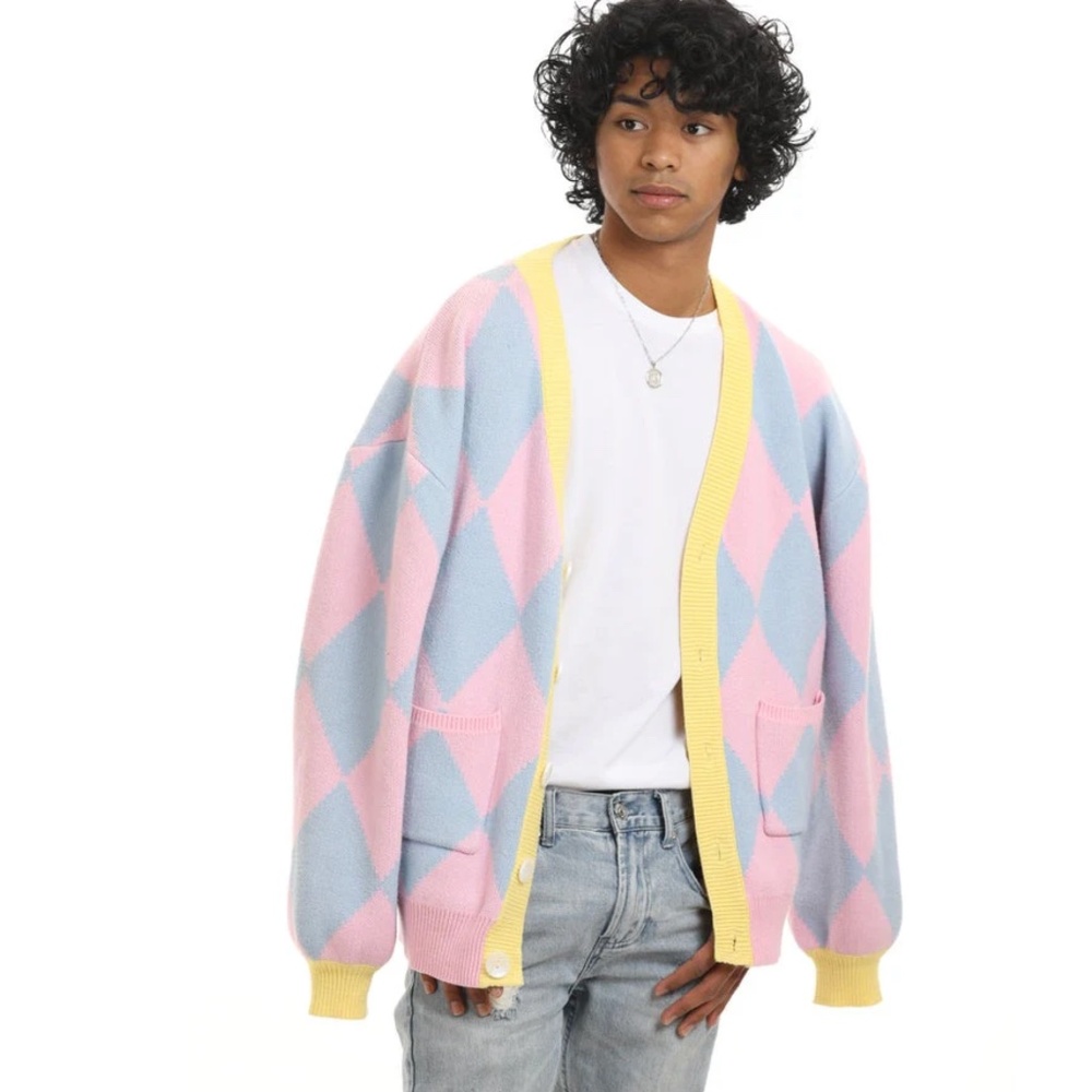 Steady Hands Blue and Pink Argyle Cardigan - Unisex S/M